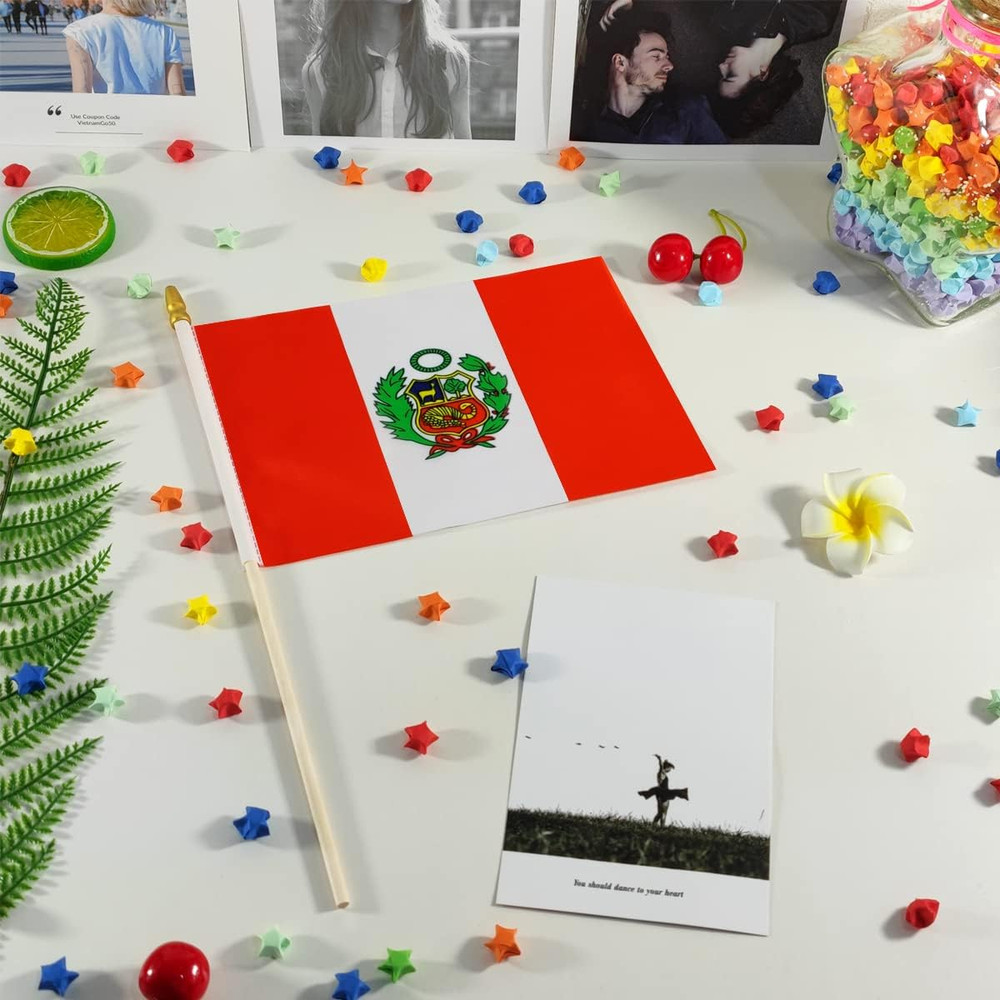 Peru Small Flag Peruvian Stick Mini Hand Held Flags - Solid Wooden Pole with Spe