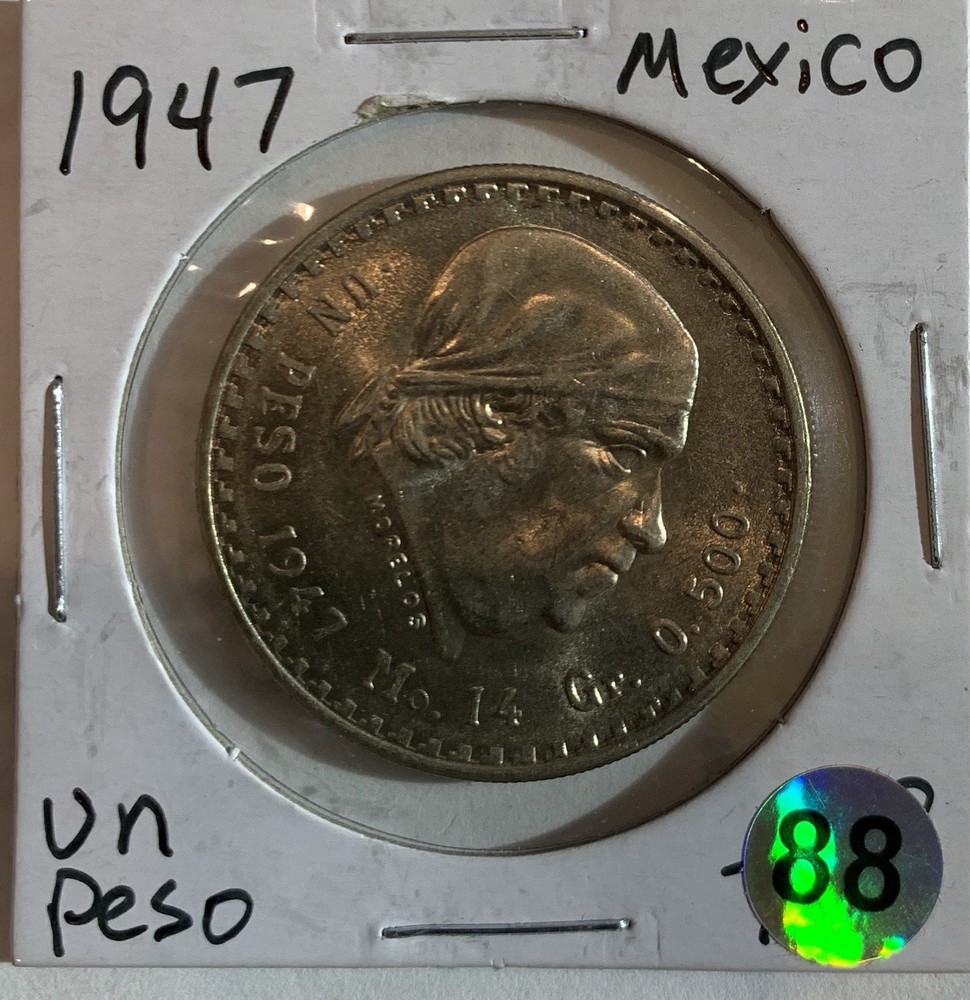 1947 MEXICO UN PESO SILVER COIN, UNC.