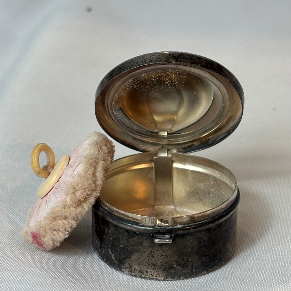 Antique Silverplate Compact Hammered Finish Round Mirrored Powder Box German