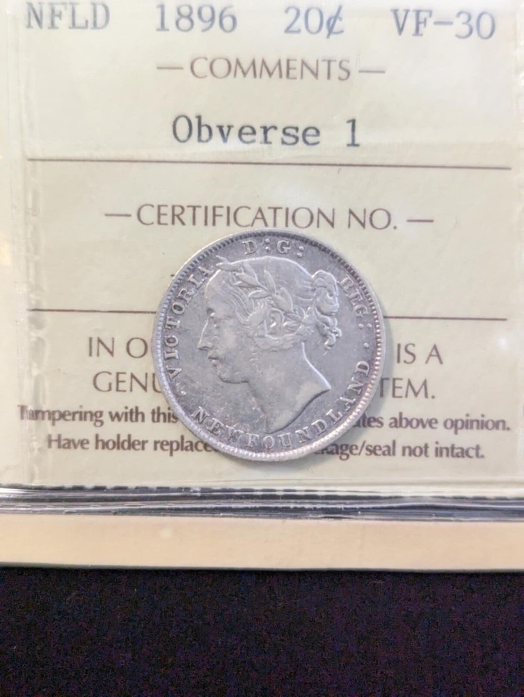 1896 Obv 1, ICCS Graded Newfoundland, 20 Cent, **VF-30**
