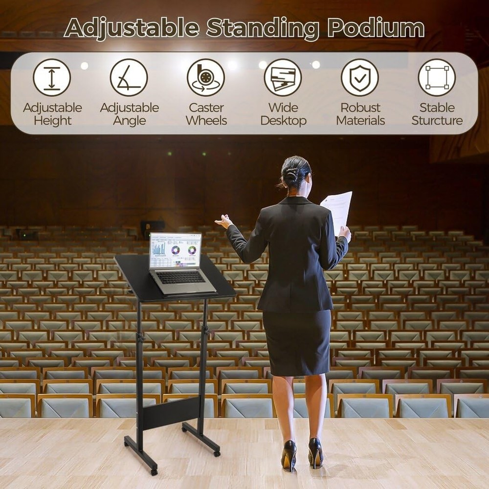 Mobile Podium, Adjustable Standing Desk with Caster Wheels, Adjustable Height...