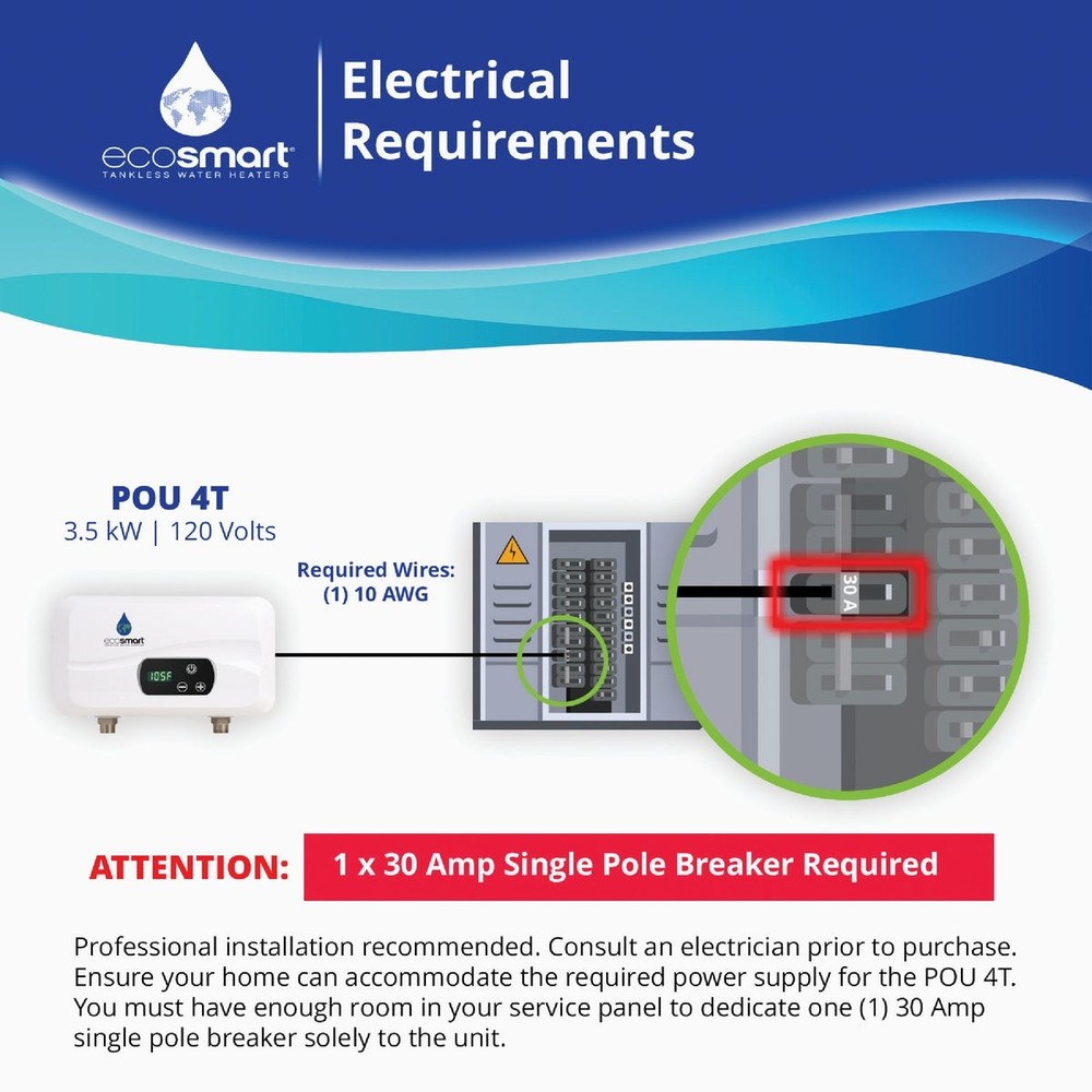 EcoSMART 120V 3.5kW Point-of-Use Tankless Electric Water Heater POU-4T EcoSMART