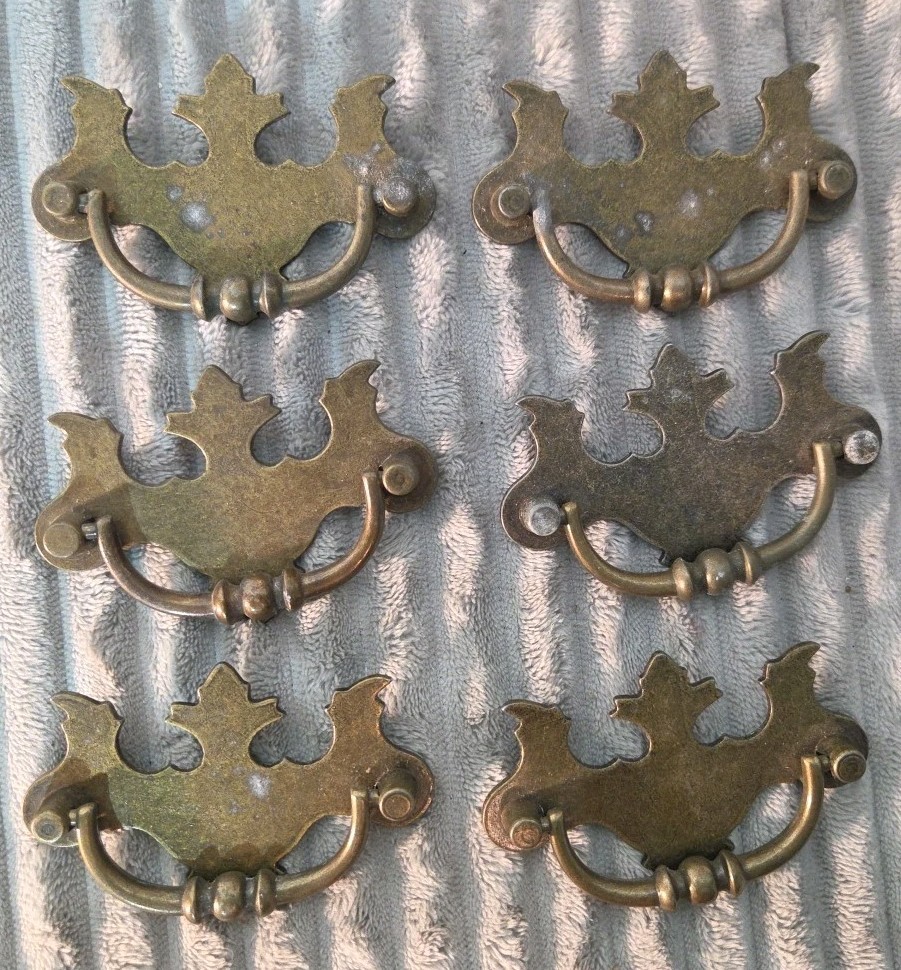 Vintage Lot of 6 Brass Drawer Drop Pulls Hardware 2.5" OC Replacement Pulls