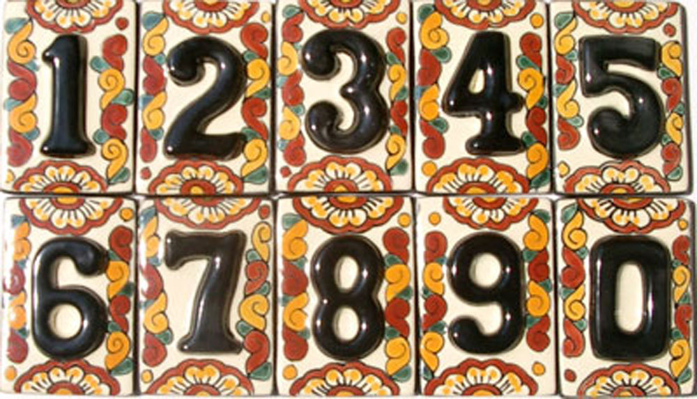 4 Mexican BLACK House Numbers Tiles with HORIZONTAL Iron Frame
