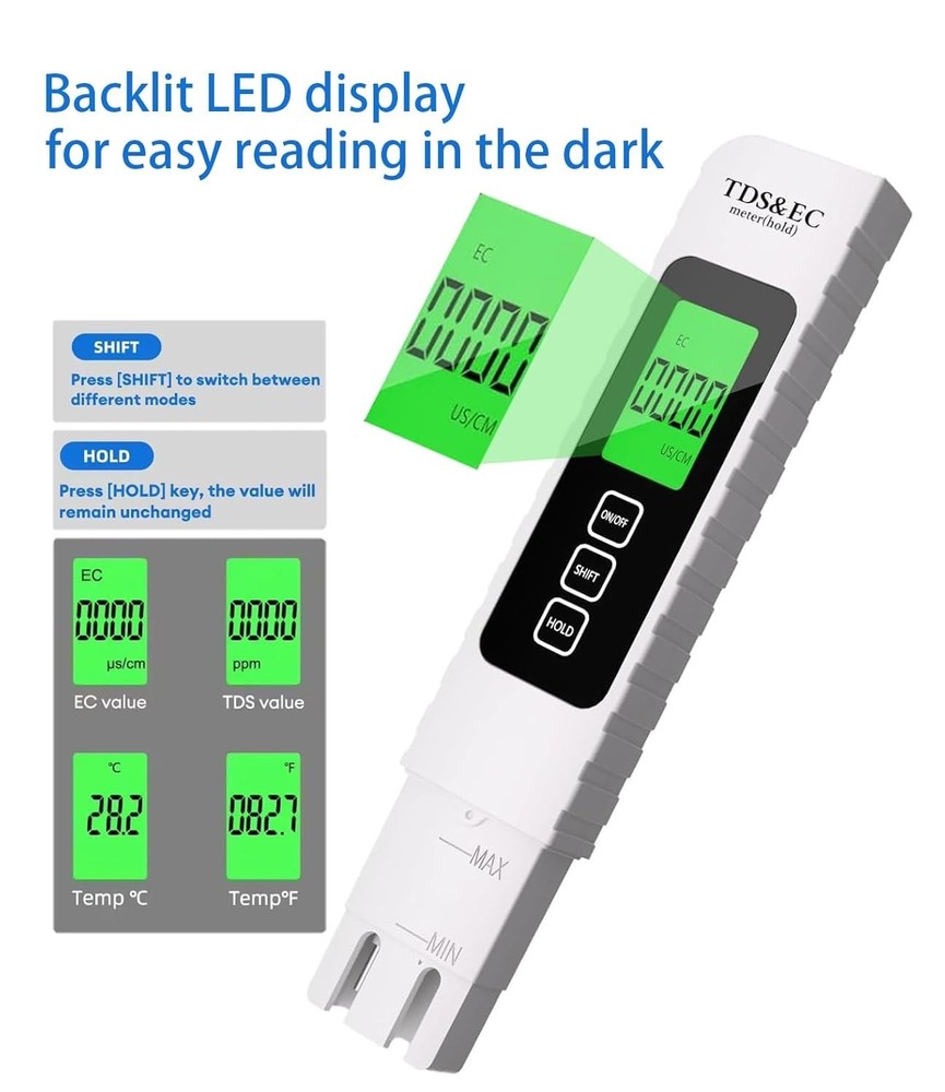 TDS & EC Digital Water Tester with Backlit Display & Hold Function, Lightweight