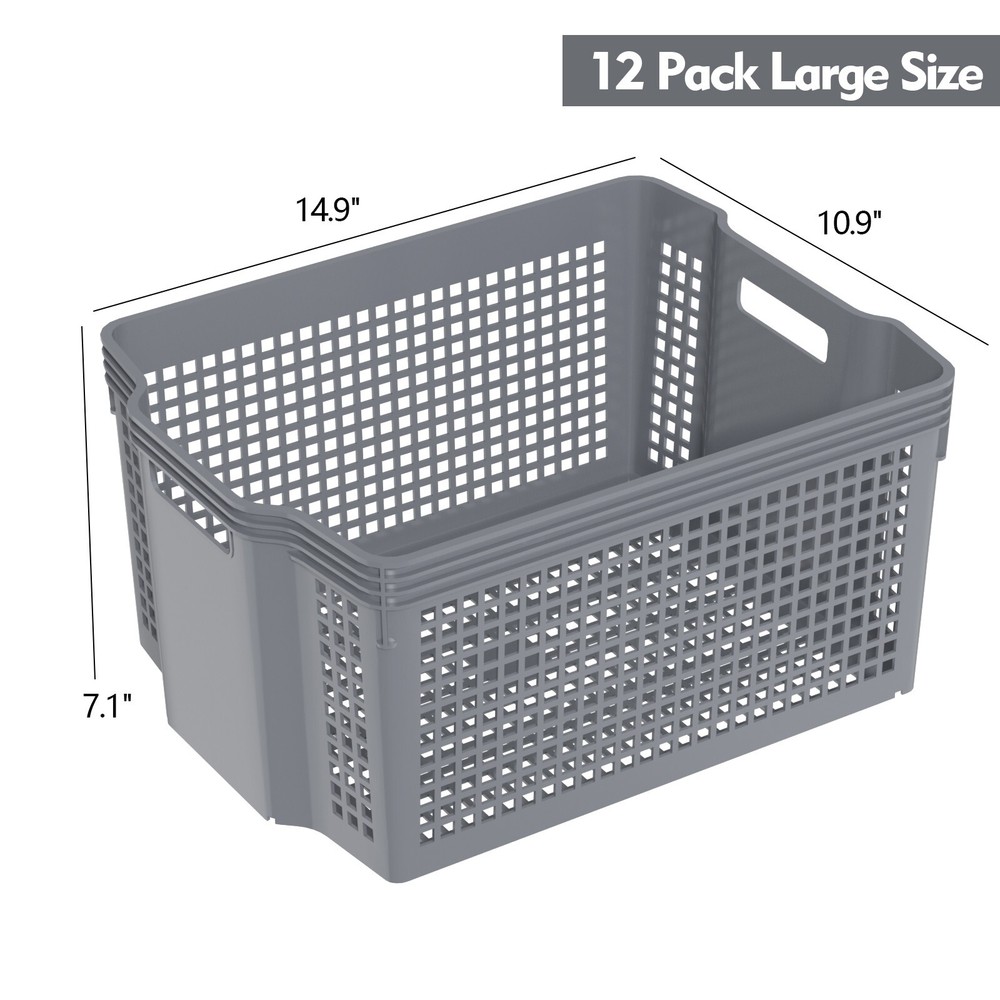 12-Pack Plastic Deep Stacking Baskets, Large Plastic Cupboard Baskets, Grey