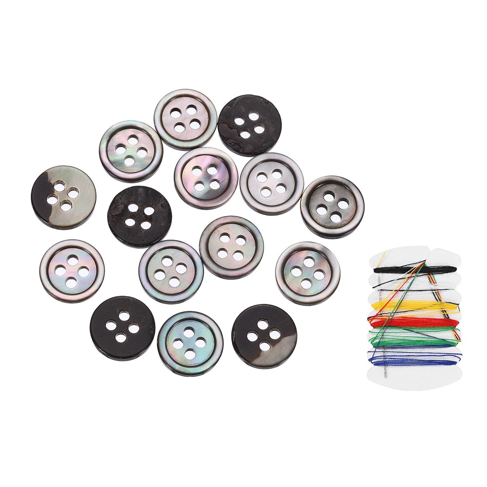 15Pcs 4 Hole 10mm Natural Shell Button with Sewing Thread Kit, Black