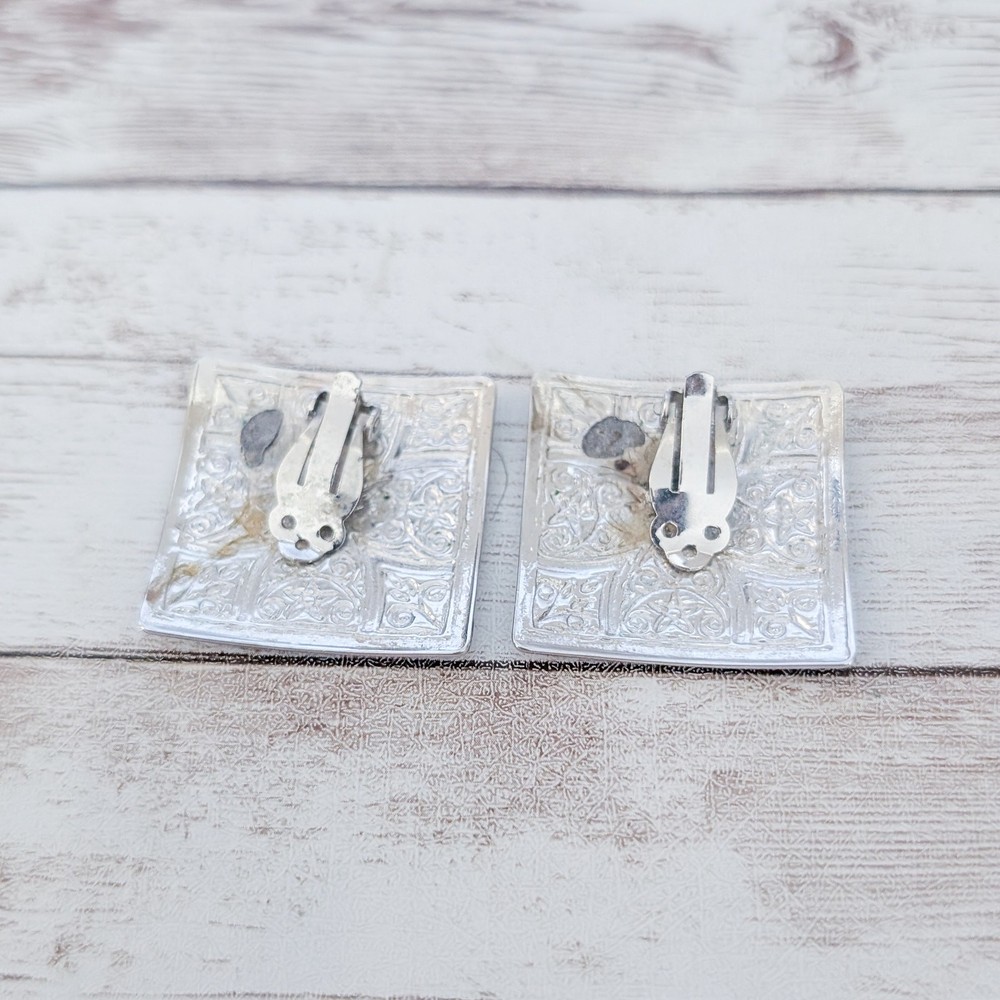 Vintage Clip On Earrings Patterned Silver Tone 1.25" - Rear Condition Issues