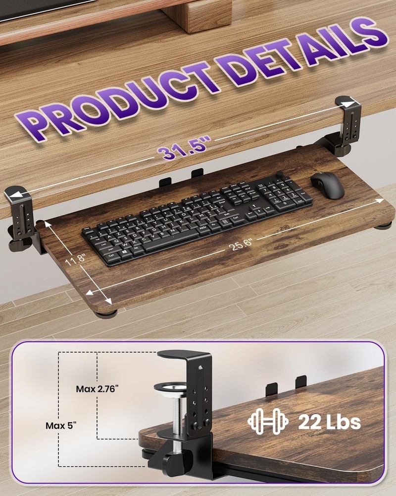 Ergonomic Keyboard Tray Under Desk, Pull Out with Adjustable -clamp, 25.6 (31...