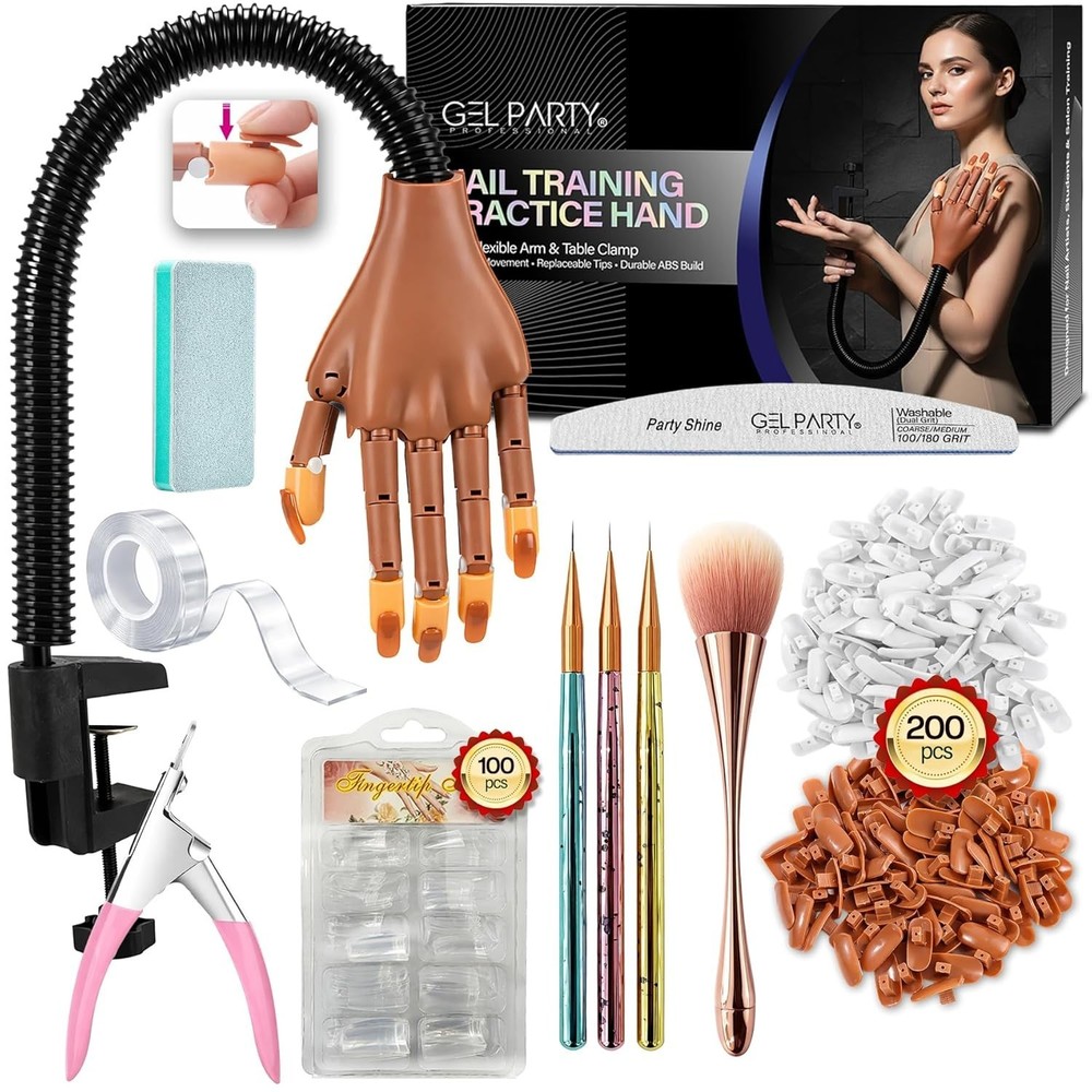 Flexible Nail Practice Hand with Clamp Silicone Training Hand with 100 Tips