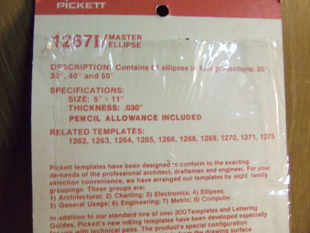 Pickett – Master Ellipse Drafting Template Stencil - P/N: 1267I (NOS)