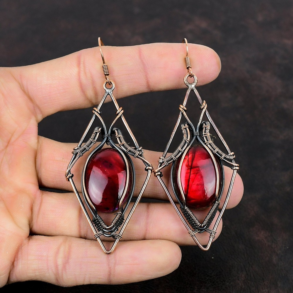 Red Fire Labradorite Copper Mum Gift Wire Wrapped Drop/Dangle Earrings 3.31"