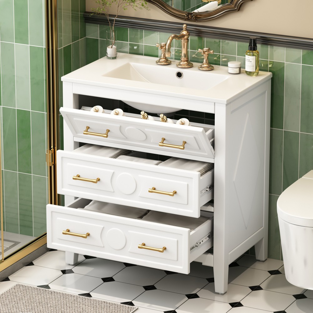 30'' Bathroom Vanity w/Ceramic Sink Combo 3 Drawers, Solid Wood Storage, White