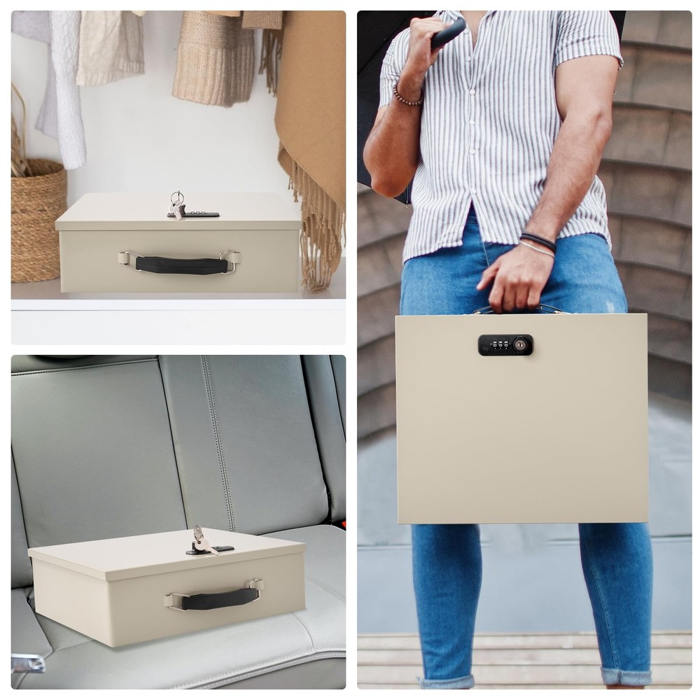 Fireproof Document Box with Key Lock & Large, White-Combination