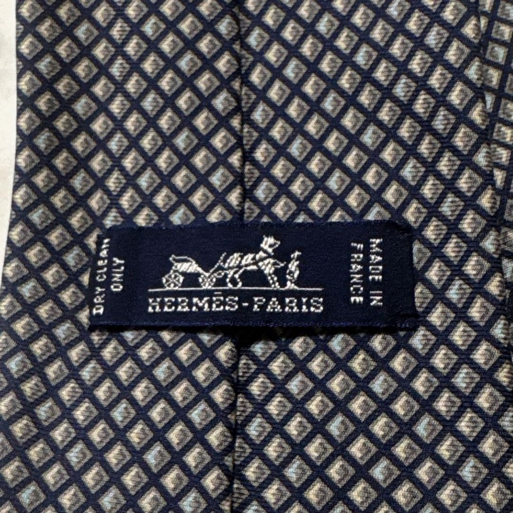 Hermes Square Pattern Tie Navy Gray Near with Box