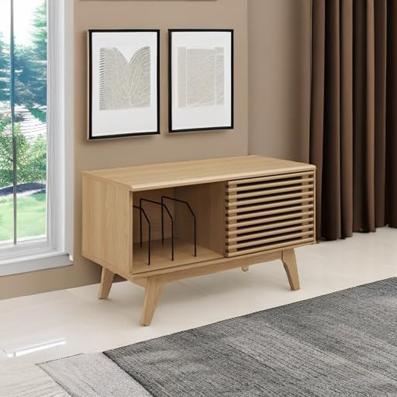 Render Mid-Century Modern 37" Vinyl Record Display Stand in Oak