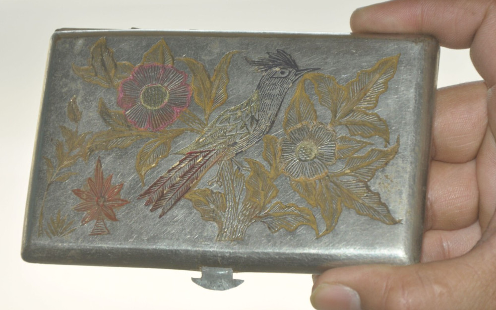 Vintage Brass India Old Map & Bird Engraved Cigarette Box/Case