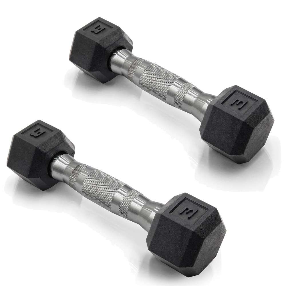 Rubber Coated Hex Dumbbells 3 LB Pair  Chrome Handle Hand Weights