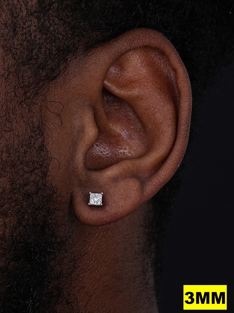 Real Square Princess Stud Earrings Unisex Silver Passes Tester