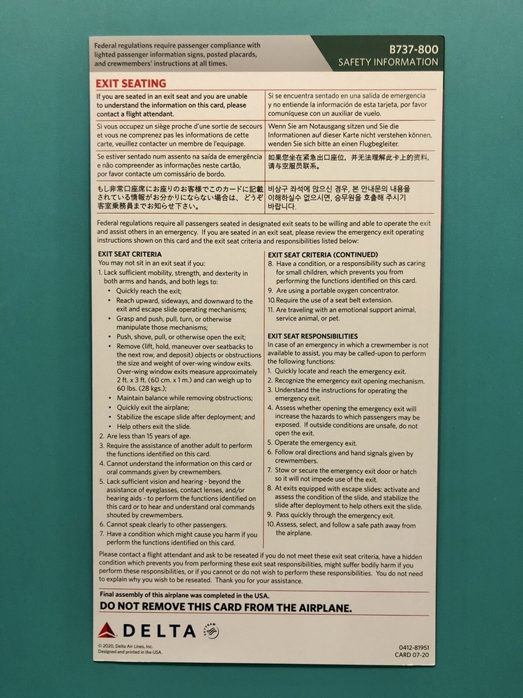 DELTA AIRLINES SAFETY CARD--737-800