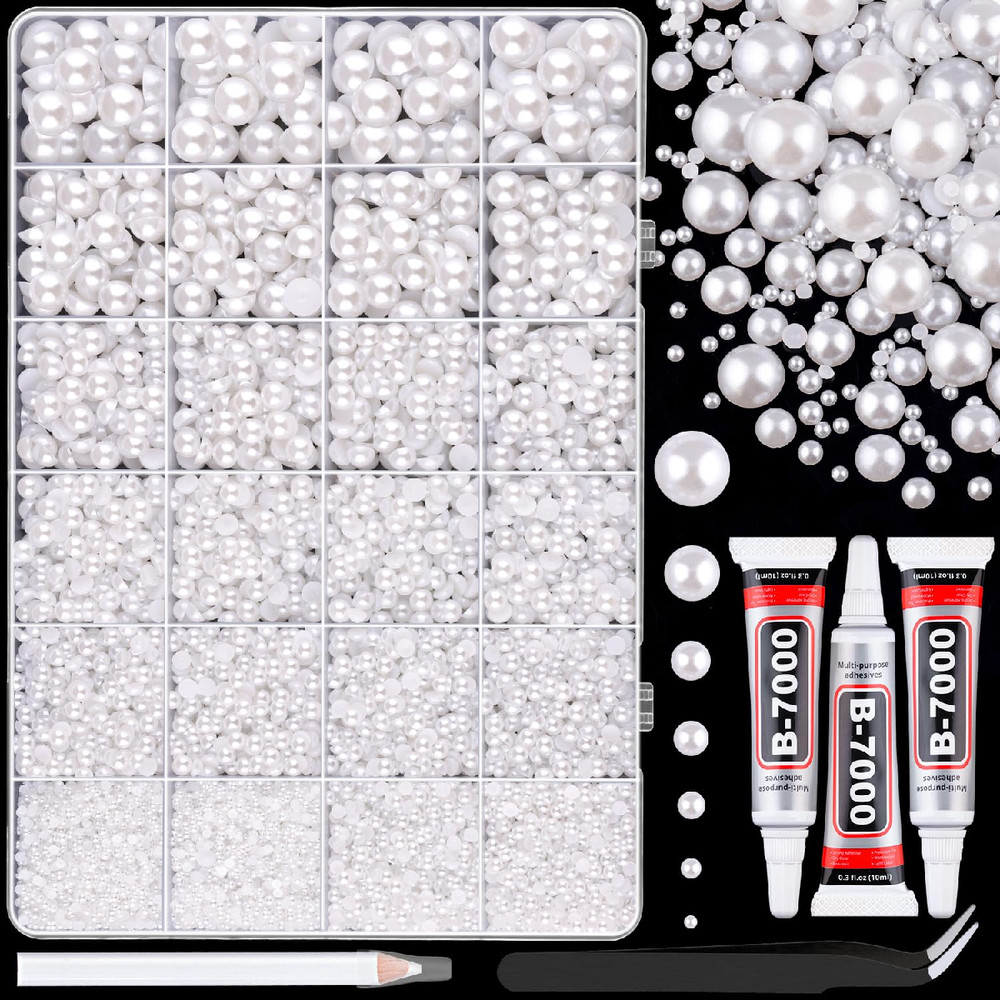 14000x Flatback Pearls for Crafting (White), Assorted 2-10mm Sizes w/ Glue & Too