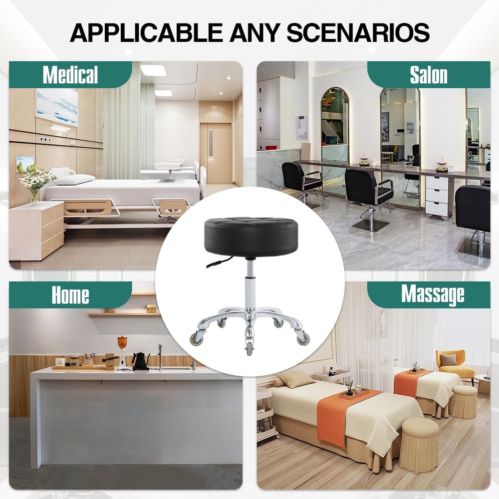 Rolling Stool with Adjustable Height – Super Thick Cushion, Black