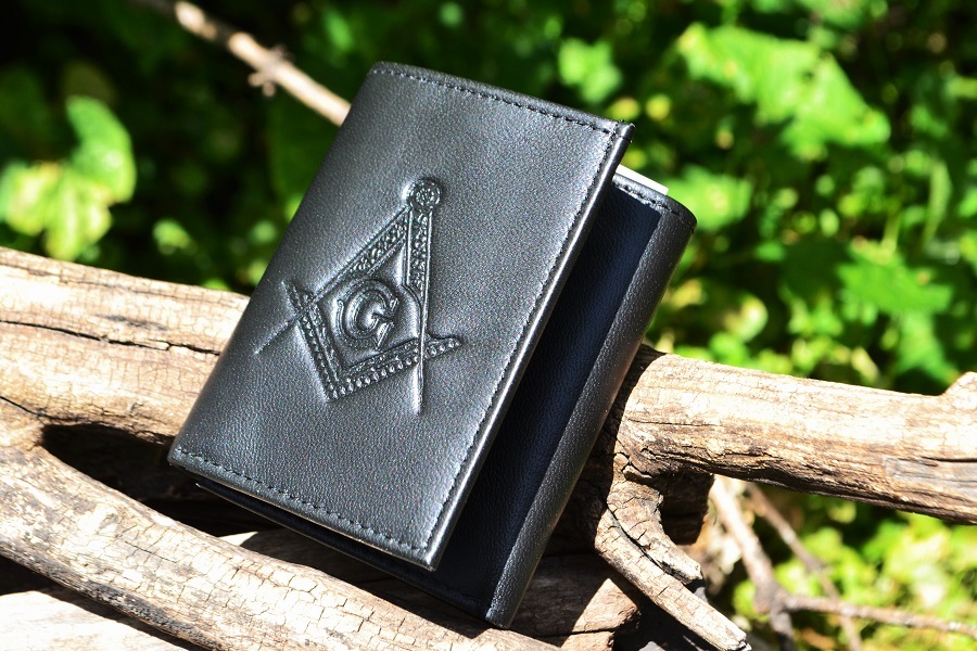 Masonic Black Leather Tri-Fold Wallet - RFID Protected - Square and Compasses