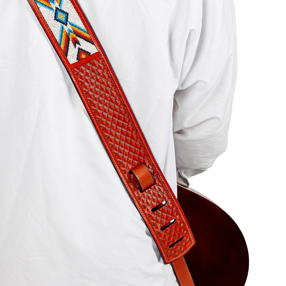 Leather Guitar Strap Full Grain Leather US Handmade Beaded Full Grain