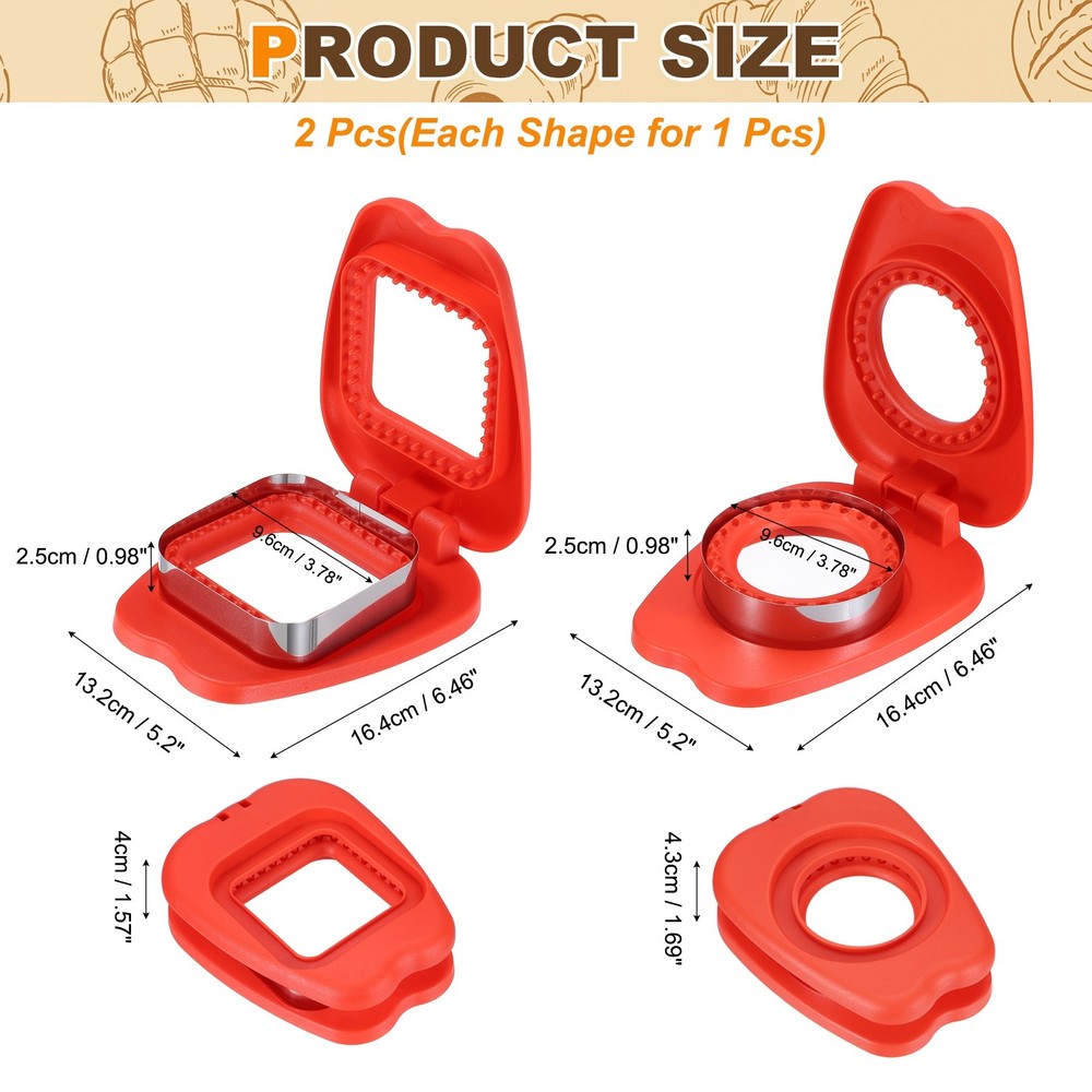 2 Pack Crustless Sandwich Cutter, Round/Square Apple(Red)