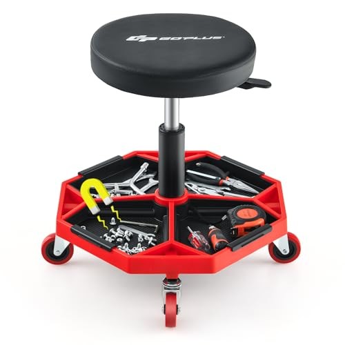 Rolling Garage Stool, 16”-22” Adjustable Mechanic Stool with Red & Black