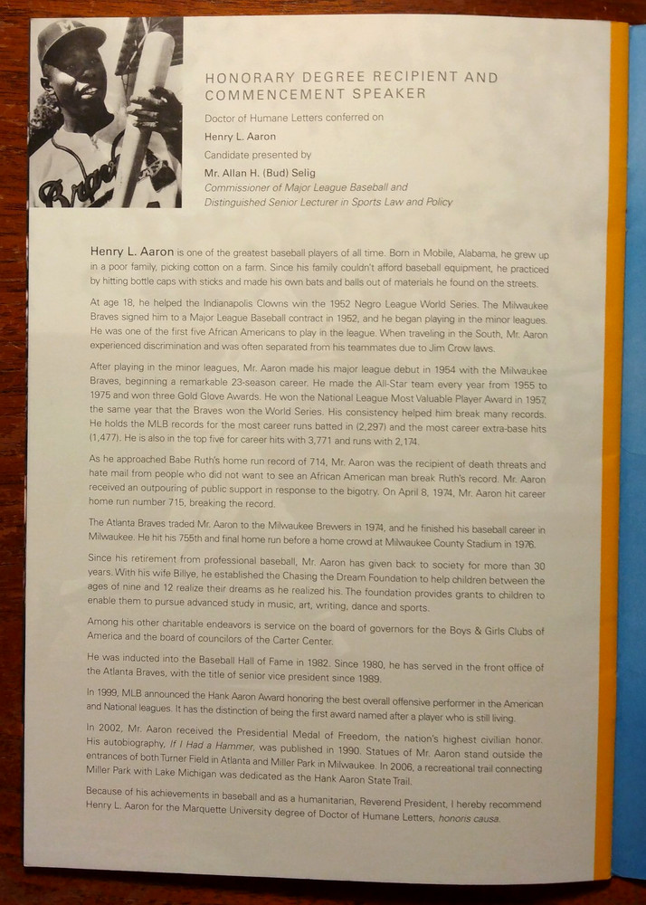 Commencement Address ~ HENRY "HANK" AARON ~ Marquette University 2012