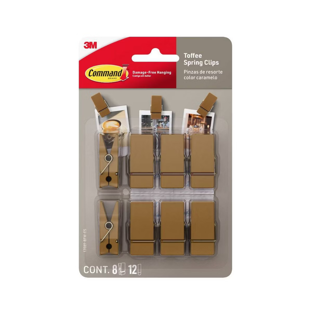 Command Spring Clips 8 Hooks and 12 Strips Toffee *NEW* 3M