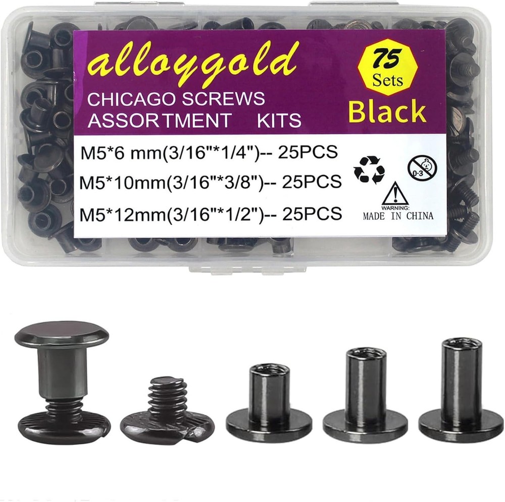 Easy To Use Black Chicago Screws 75 Sets M5 Rivets Assorted for Leather Crafting