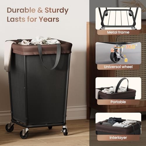 Laundry Basket with Wheels, 2-section Rolling Laundry 160L 2 Section-Black