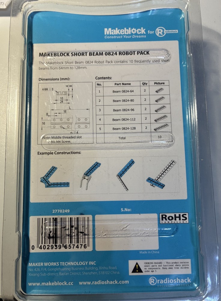 RadioShack Makeblock Short Beam 0824 Robot Pack, NIP
