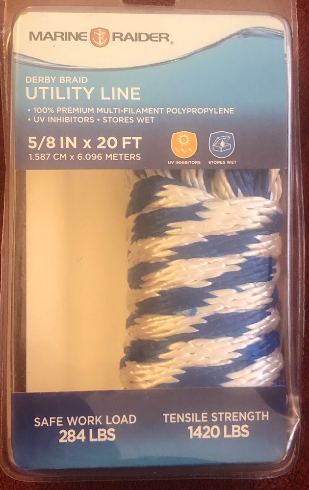5/8" 20 FT Derby Braid Marine Utility Rope, Blue & White. Workload 284lbs.