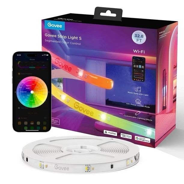 Govee Strip Light S, Segmented Color Control, 32.8ft., Customizable RGBICW Strip