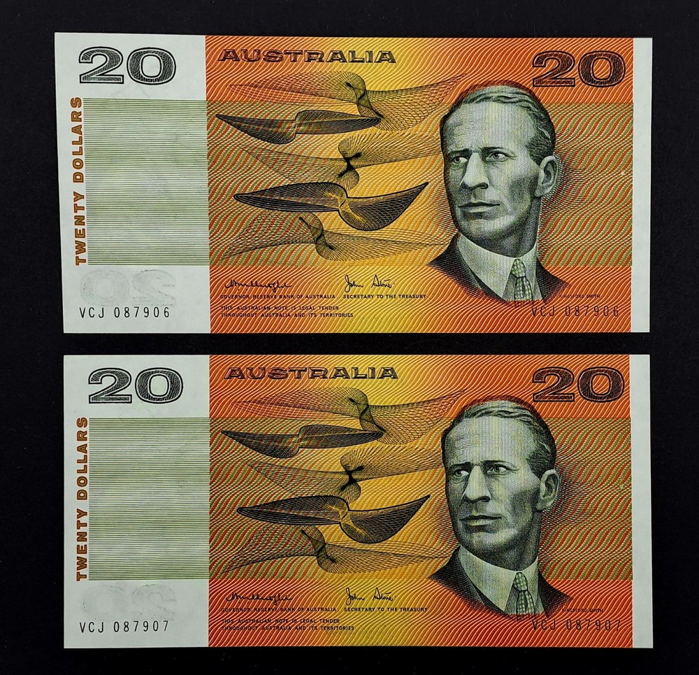 Australia Knight/Stone $20 Dollar Note R407a Gothic (1976) Consecutive Pair