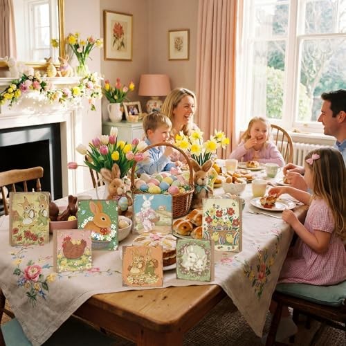 8 Pcs Vintage Easter Decorations Retro Bunny Wooden Sign Easter Table