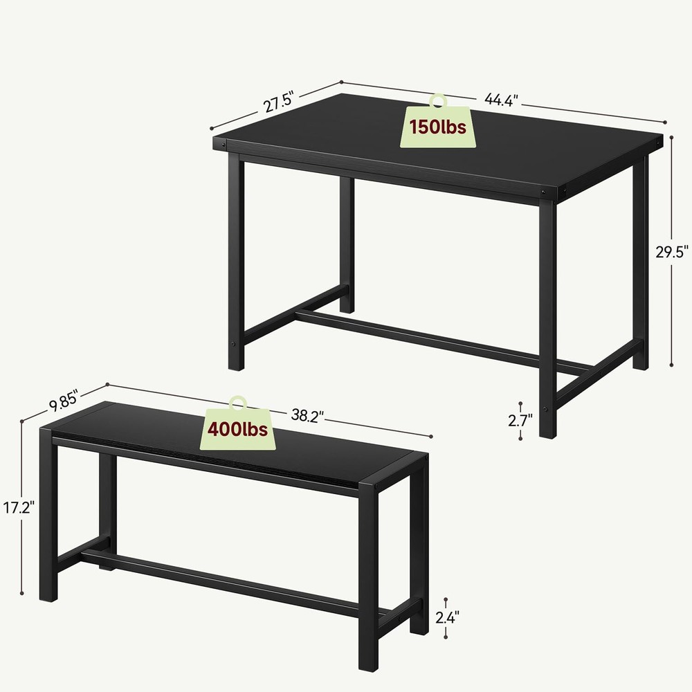Kitchen Table with 2 Benches ,3 Piece Dining Table Set for 4 ,Dinette Set Black