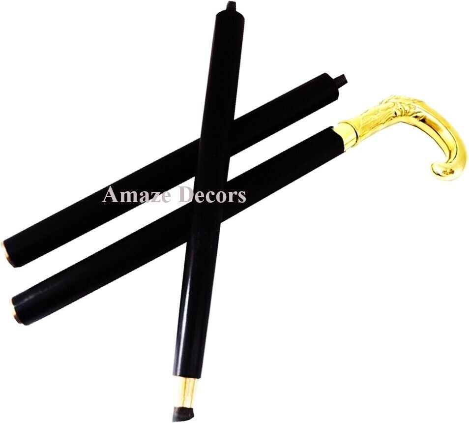 Curved Handle Antique Design Solid Brass Hard Wood Foldable Walking Stick