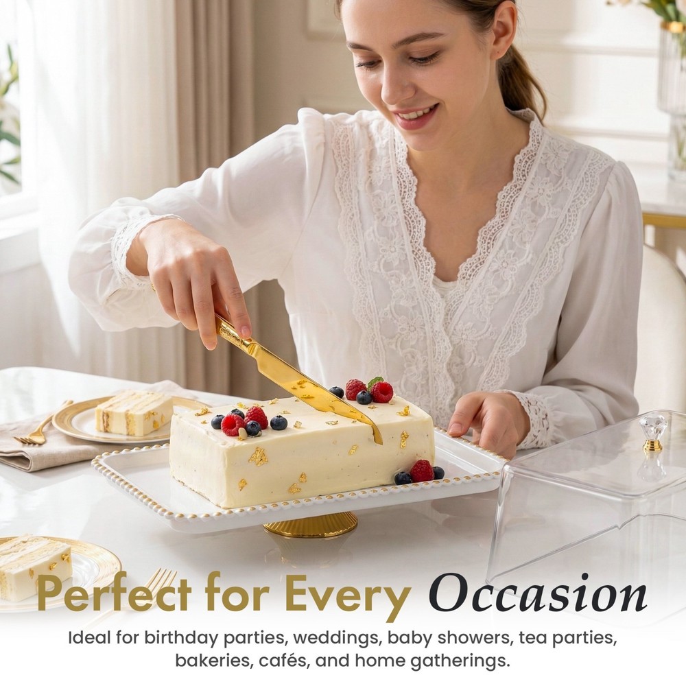 New Basicwise Plastic Cake Stand with Clear Flat-Top Cover and Gold Handles