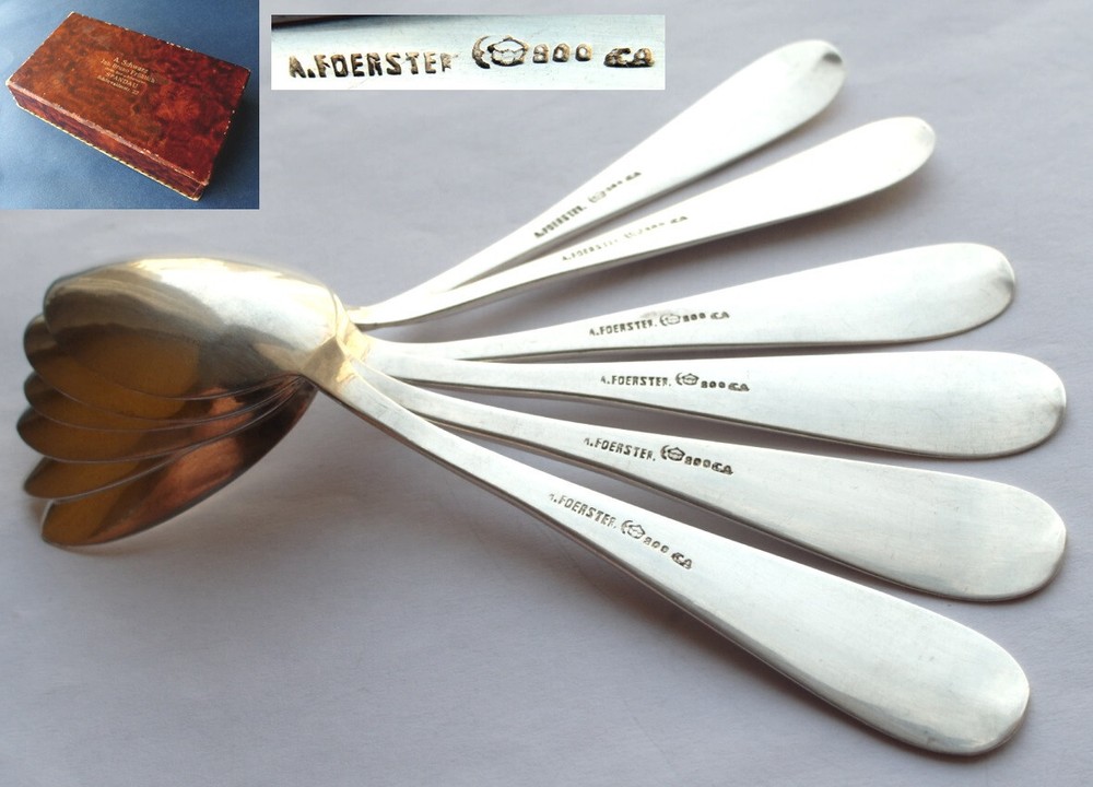 Set 6 Spoons A. FOERSTER Hand-Engraved 800 Silver around 1900 E553