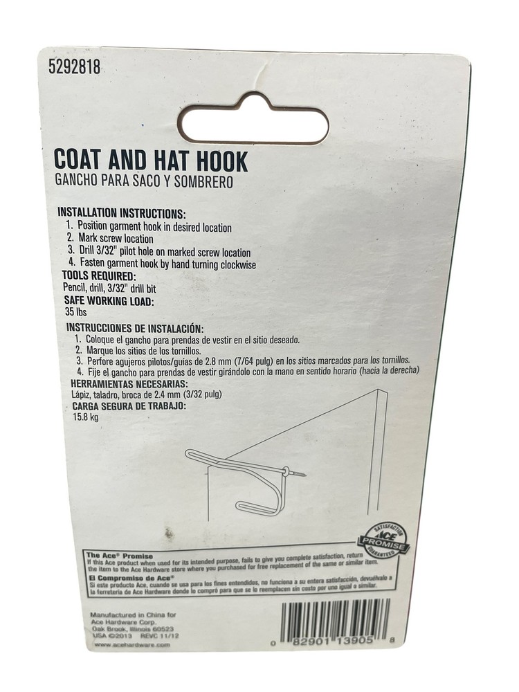 ACE Bright Brass Coat and Hat Hook - 2 Pack Wall Mount Utility Hooks, 35lb Load