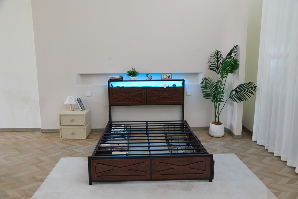 Full Bed Frame with 6 Storage Drawers,Storage Headboard with Charging Statio Bed