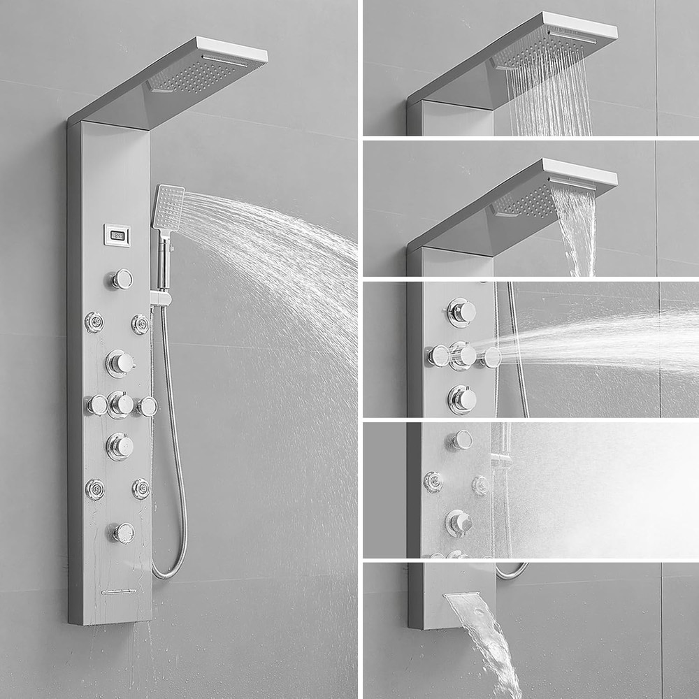 Shower Panel Tower System with Rainfall Waterfall Head and Adjustable Massage Bo