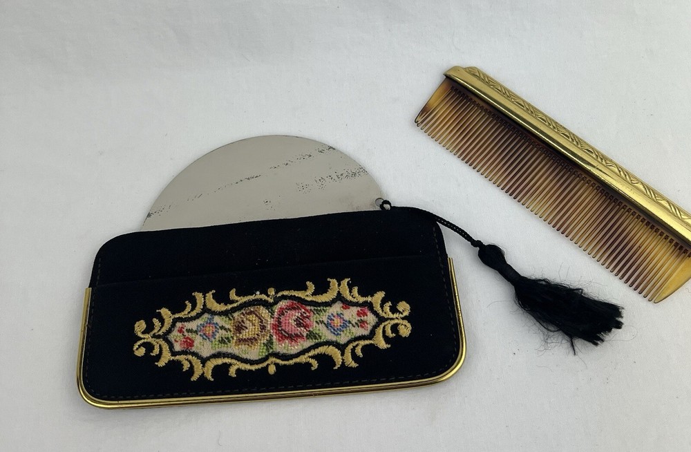 Vintage Compact Comb Petit Point Case w Swing Out Mirror Western Germany Set 2