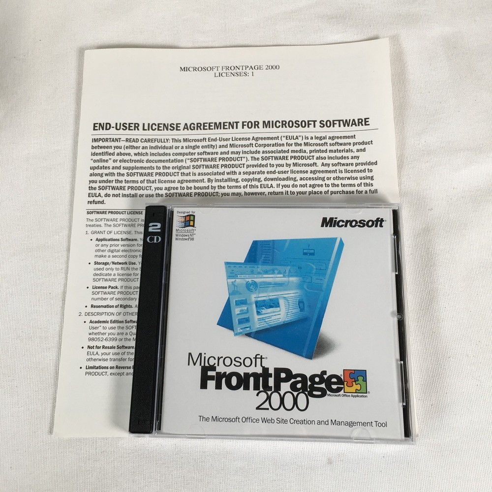 Microsoft Front Page 2000 2 CDs w/Product Key 1 License New
