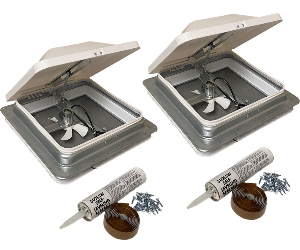 2 Pack 14" X 14" RV Roof Vent 12V Powered Fan White W/ Installation Accessories