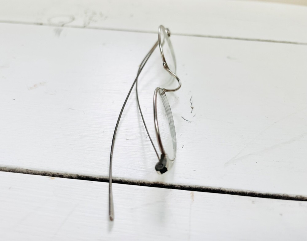 Antique Silvertone Round Wire Eyeglasses Frames Metal Spectacles Light Weight